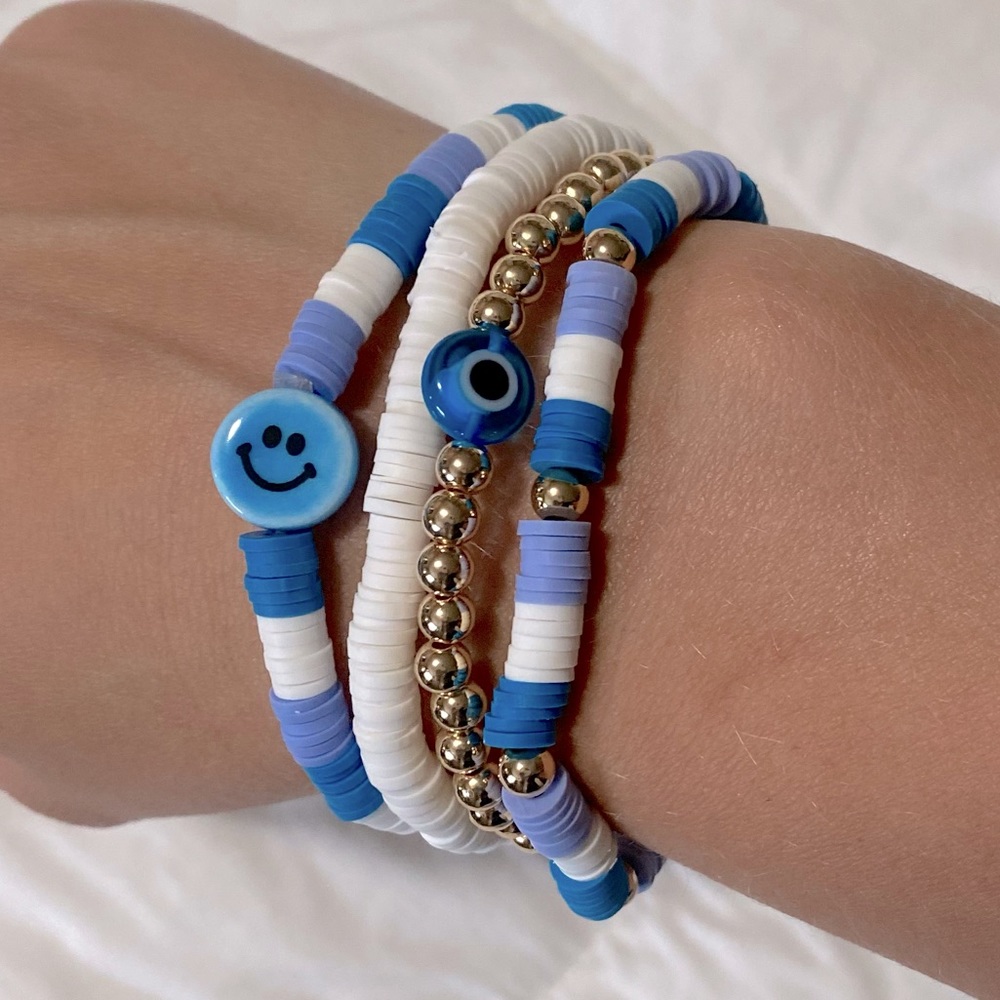 Blue & lavender smiley face & stackable bracelets